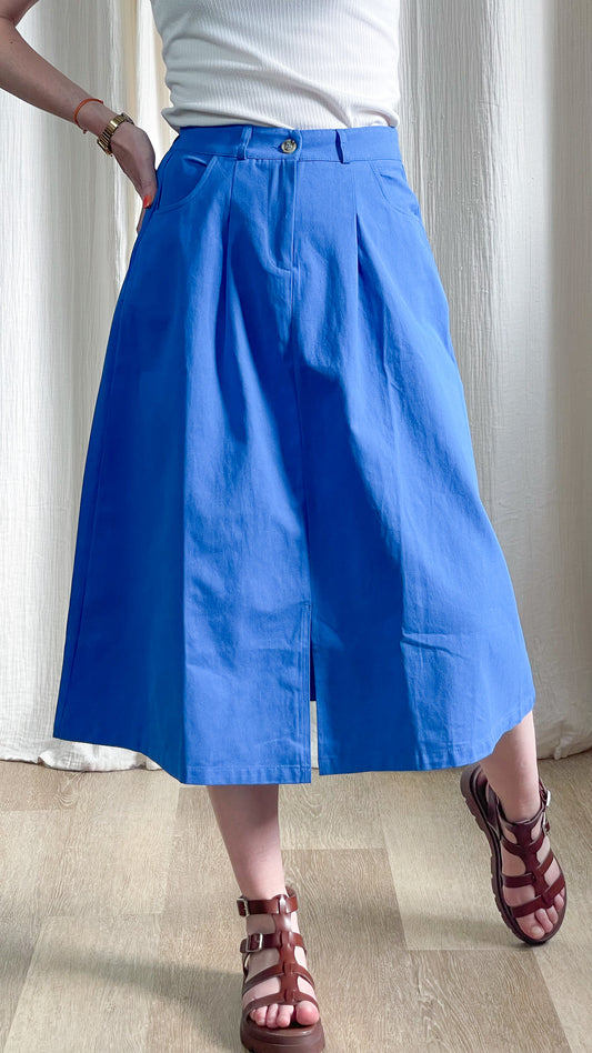 Jupe longue bleue évasée taille haute avec poches, jupe midi coton femme style casual chic été