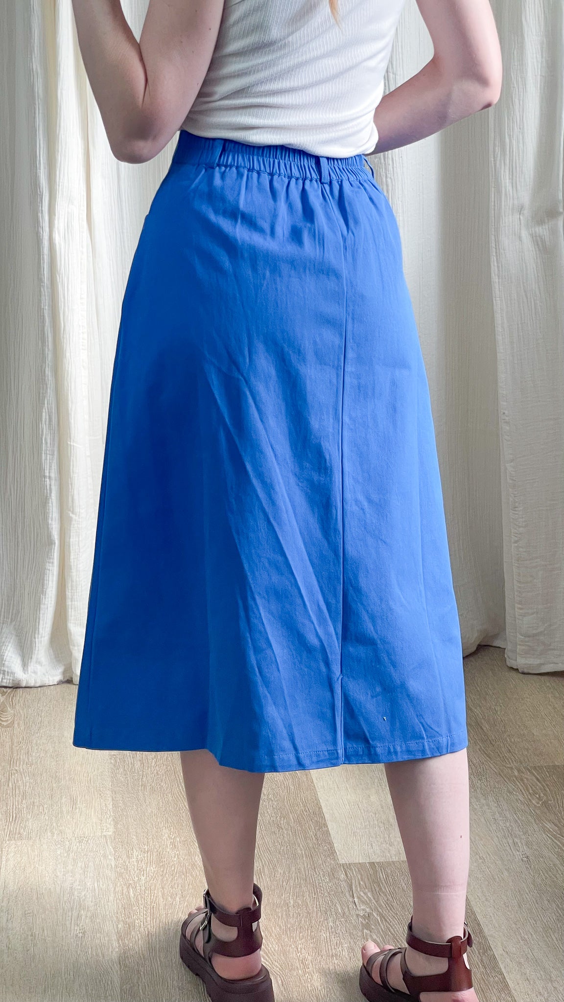 Jupe midi bleue taille élastique coupe évasée femme, jupe longue coton casual printemps été