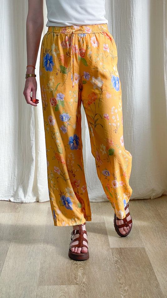 Pantalon fluide jaune imprimé floral Léna taille élastique avec lien, coupe large décontractée femme printemps été