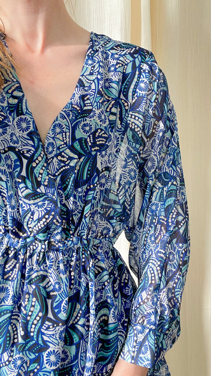 Robe Mira bleu imprimé floral bohème manches longues fluides col V femme été