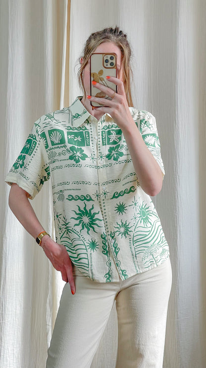 Chemisier Romane écru imprimé tropical vert manches courtes coupe ample style bohème femme été