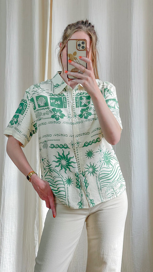 Chemisier Romane écru imprimé tropical vert manches courtes coupe ample style bohème femme été