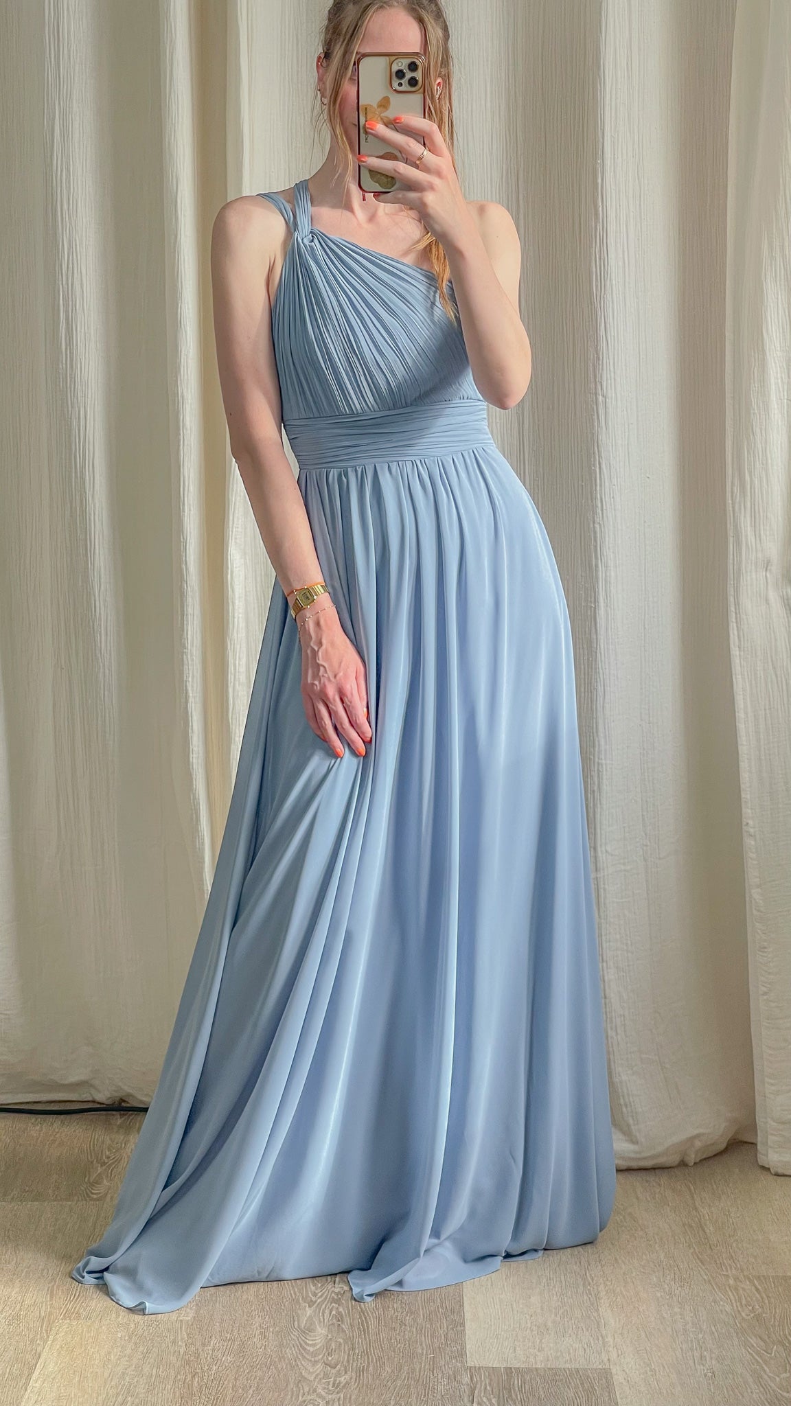 Robe longue bleu ciel asymétrique une épaule en mousseline plissée pour mariage invitée femme