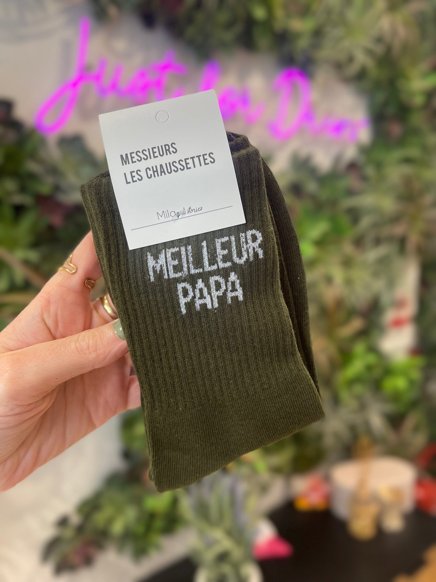 Chaussettes homme kaki message Meilleur Papa cadeau fête des pères original Milo Stories