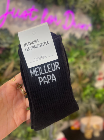 Chaussettes homme noires côtelées message Meilleur Papa idée cadeau fête des pères