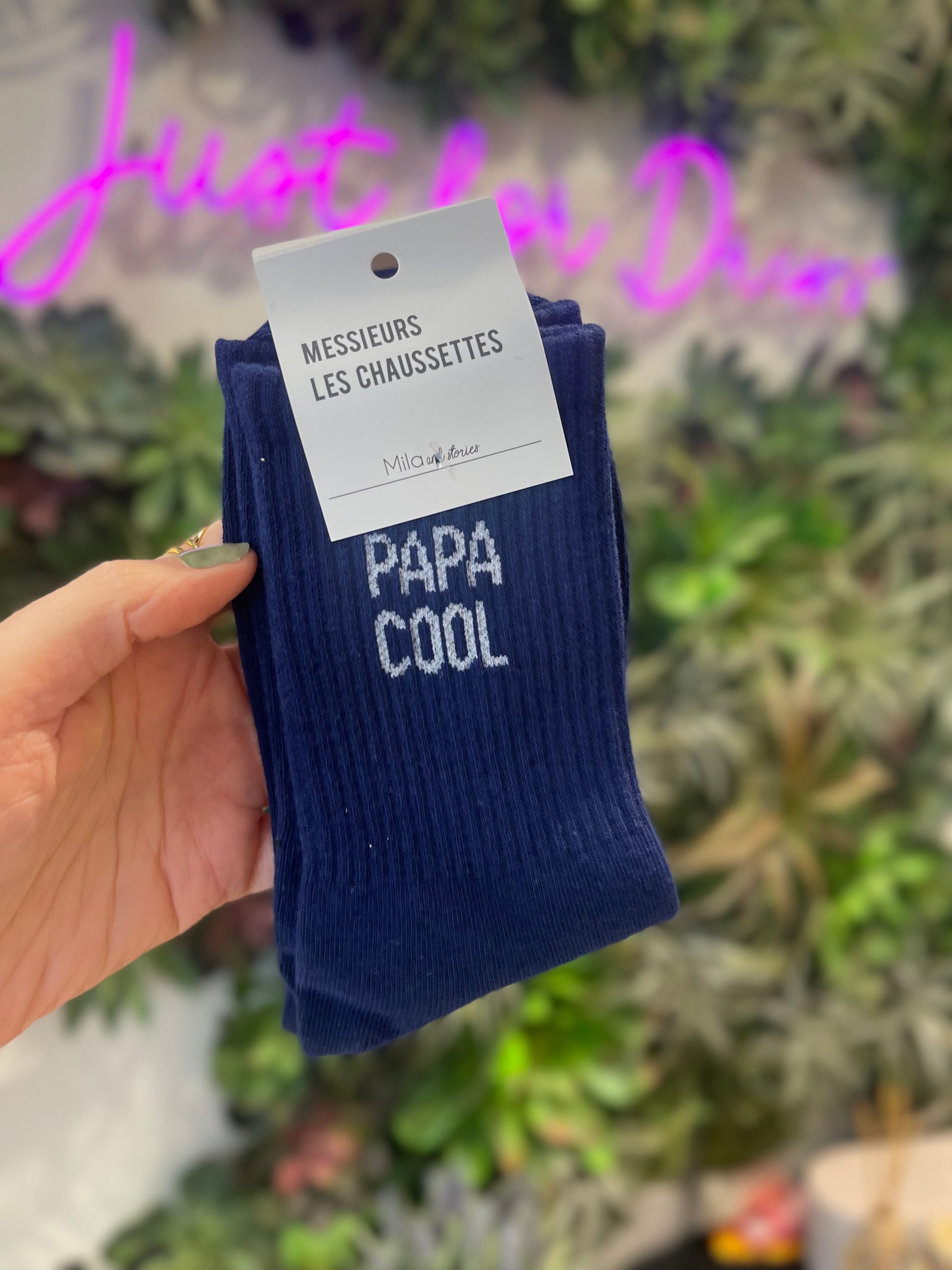 Chaussettes homme bleu marine côtelées message Papa cool idée cadeau fête des pères