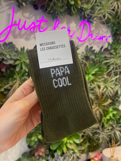 Chaussettes homme kaki côtelées message Papa cool cadeau fête des pères original