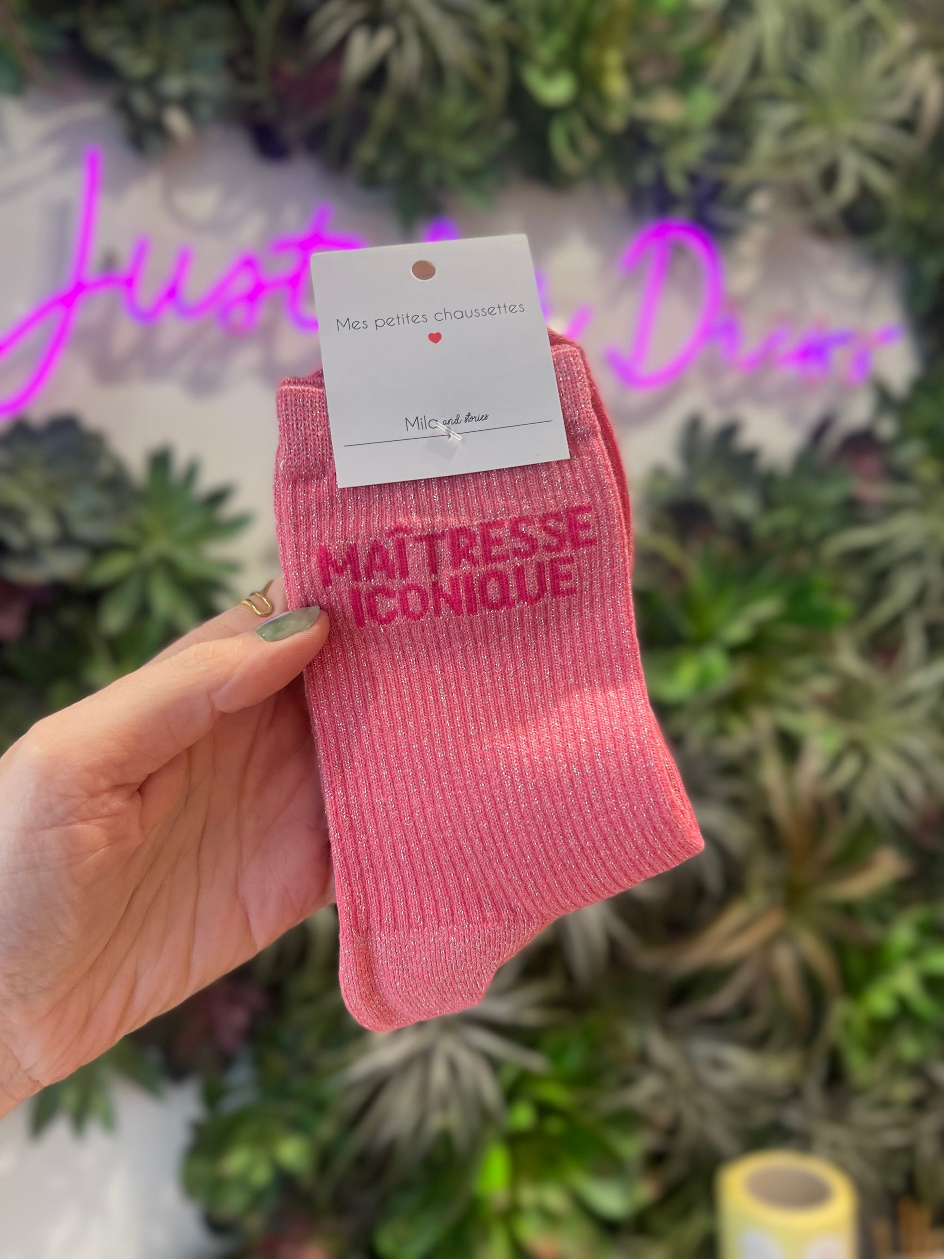 Chaussettes roses à paillettes Maîtresse iconique cadeau fin d'année maîtresse femme