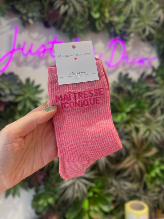 Chaussettes roses à paillettes Maîtresse iconique cadeau fin d'année maîtresse femme
