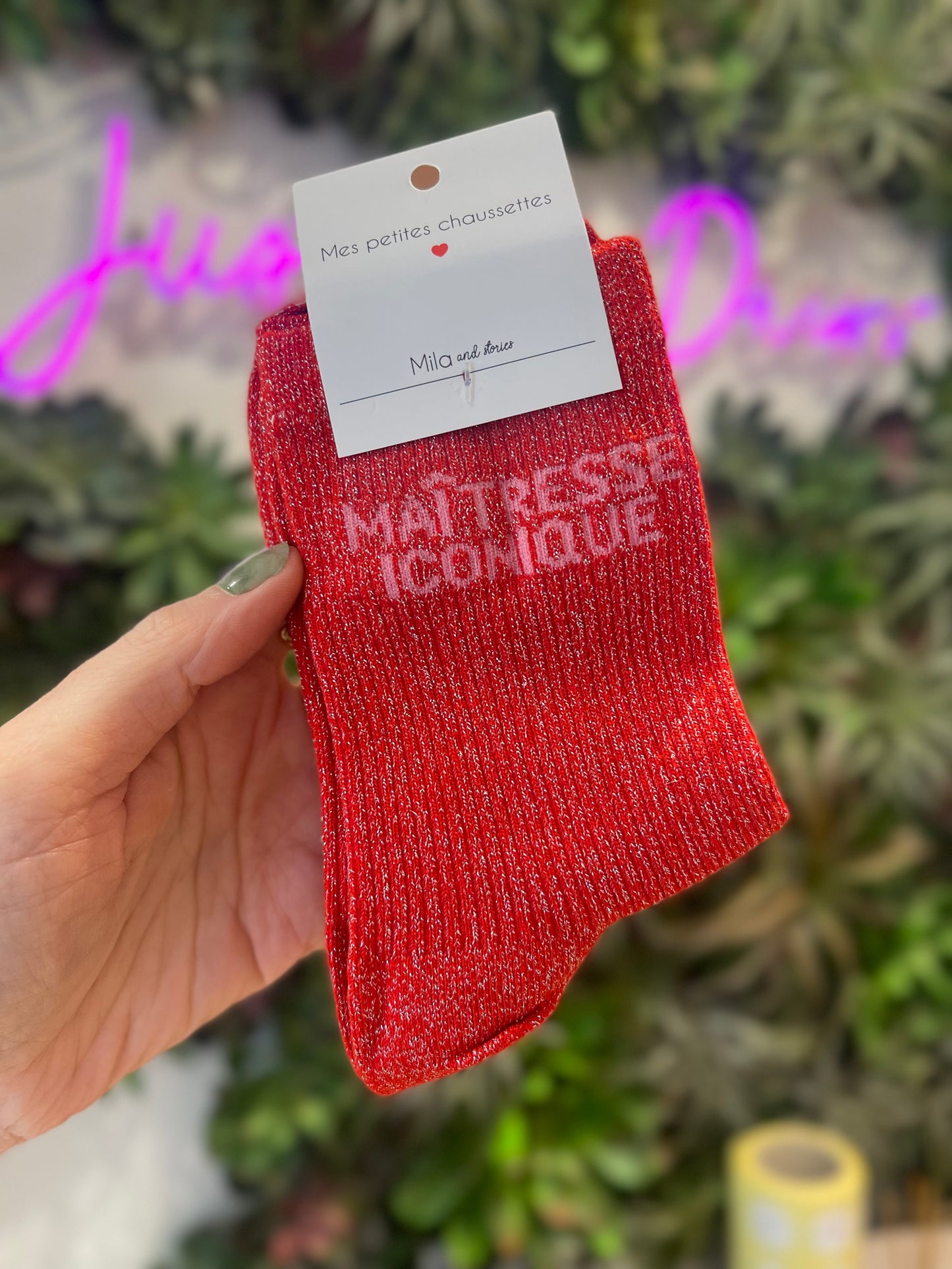 Chaussettes rouges à paillettes Maîtresse Iconique cadeau fin d'année maîtresse femme Mila and Stories