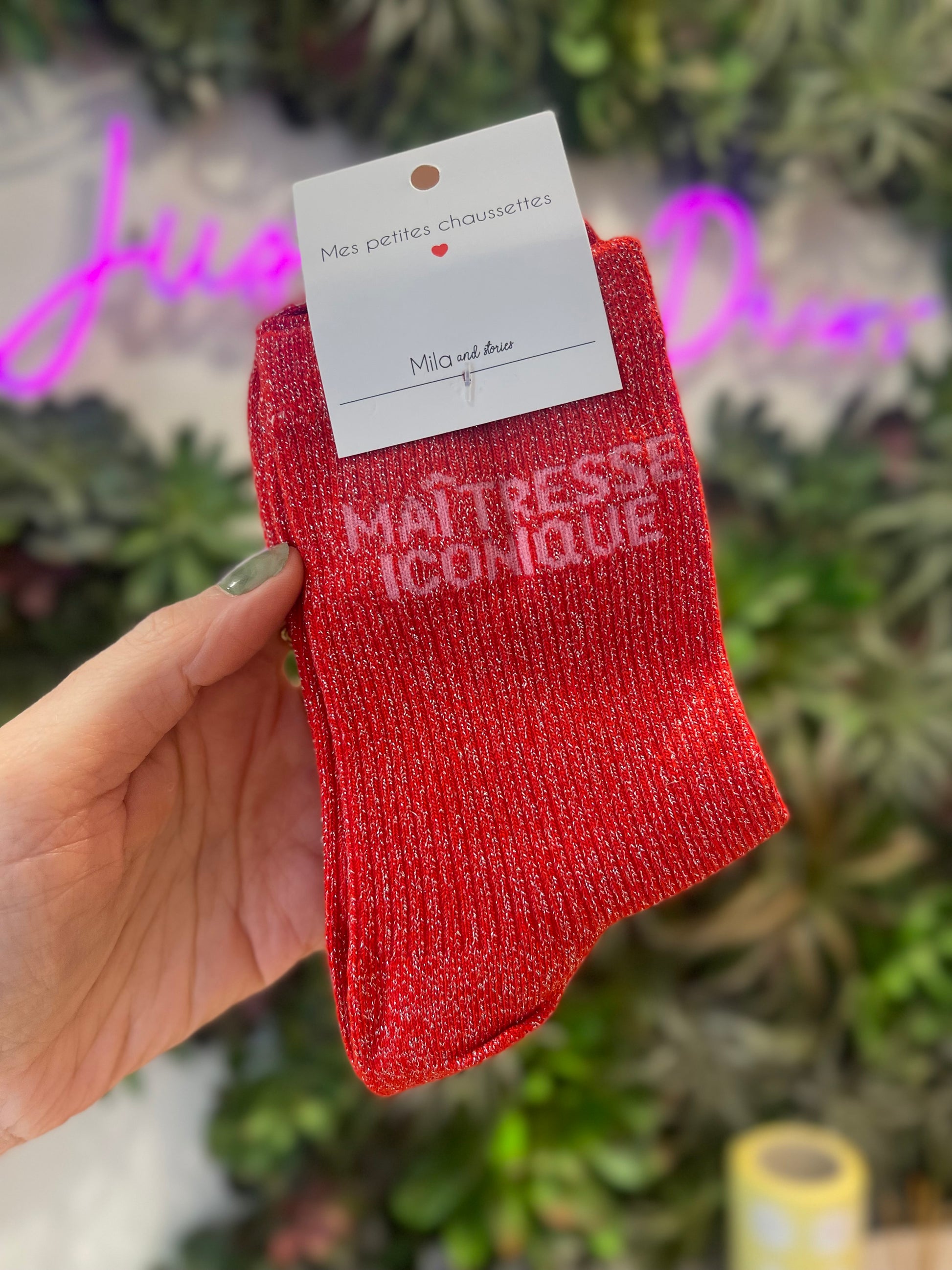 Chaussettes rouges à paillettes Maîtresse Iconique cadeau fin d'année maîtresse femme Mila and Stories