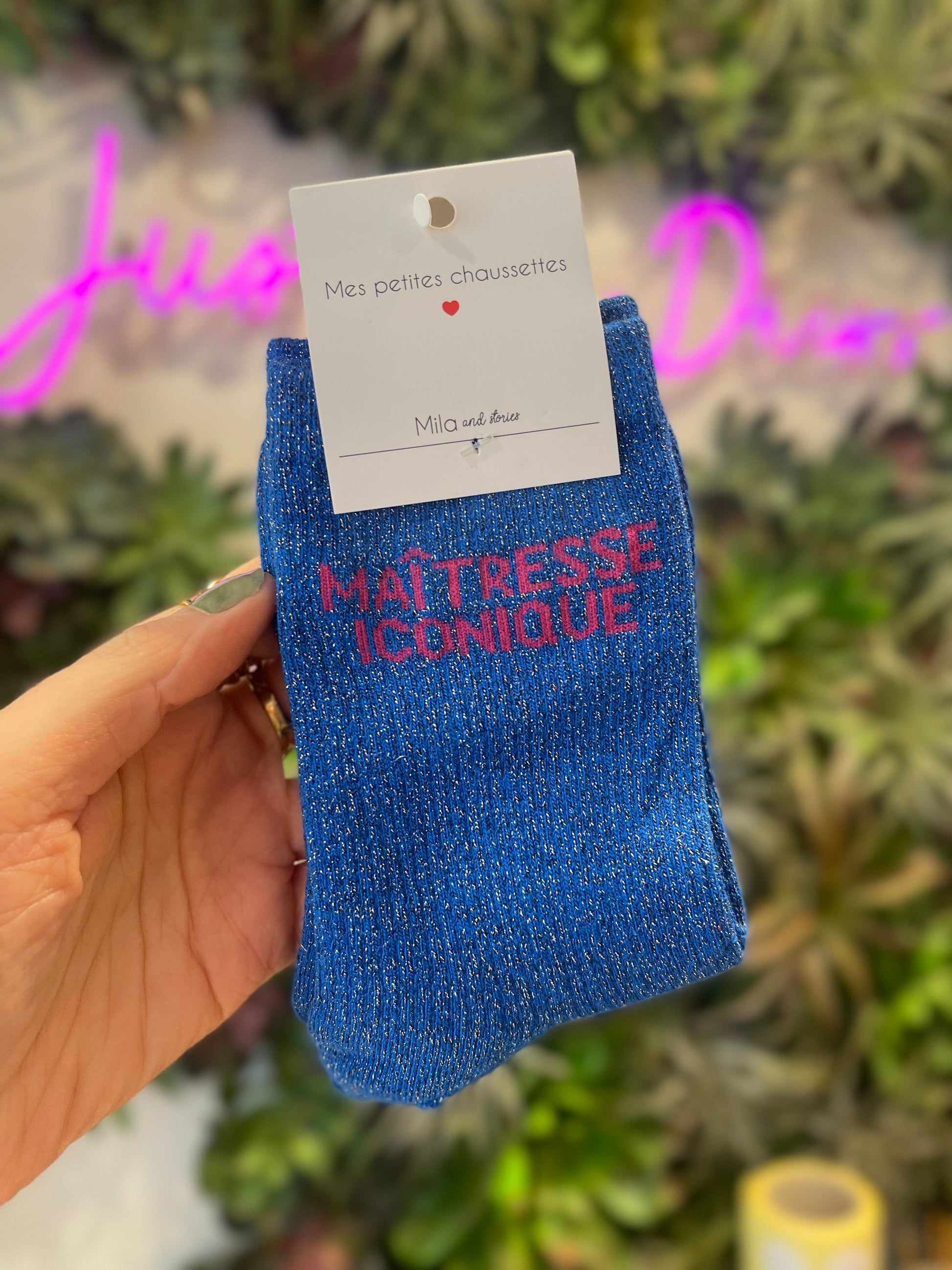 Chaussettes à paillettes bleues Maîtresse Iconique cadeau fin d'année scolaire femme Mila and Stories