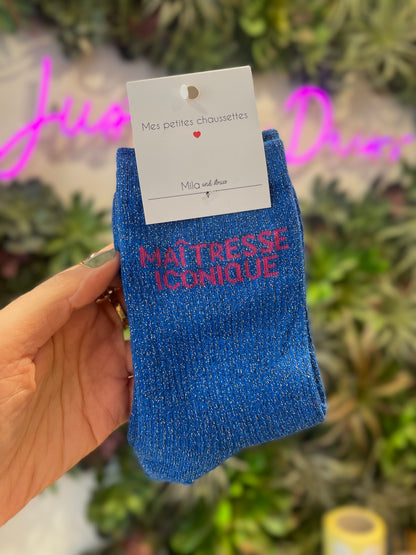 Chaussettes à paillettes bleues Maîtresse Iconique cadeau fin d'année scolaire femme Mila and Stories