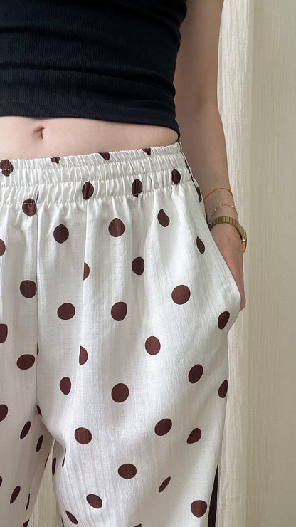 Pantalon fluide blanc à pois marron taille élastique femme style bohème décontracté avec poches
