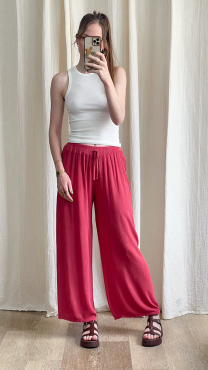 Pantalon large fluide rouge framboise taille élastique avec cordon femme style décontracté été