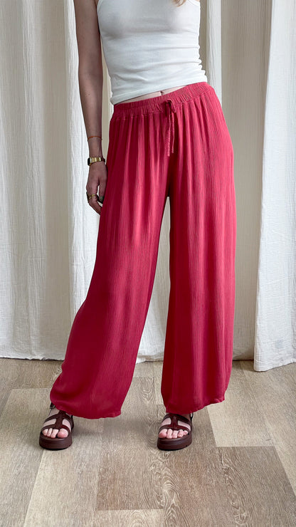 Pantalon large fluide rouge corail taille élastique avec lien, style bohème décontracté femme été