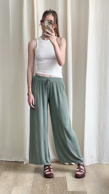Pantalon large fluide vert sauge taille élastique femme style bohème décontracté Alice