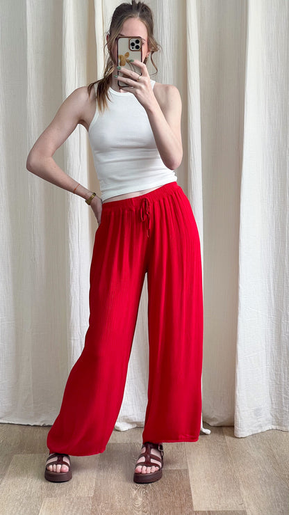 Pantalon large fluide rouge taille élastique femme style palazzo décontracté été