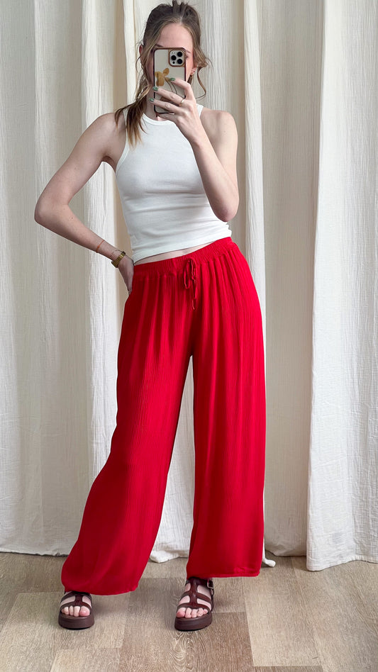 Pantalon large fluide rouge taille élastique femme style palazzo décontracté été