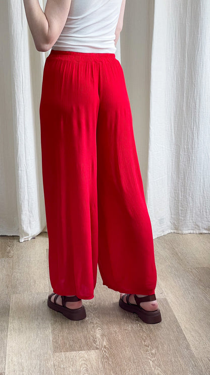 Pantalon large fluide rouge taille élastique style palazzo femme Alice