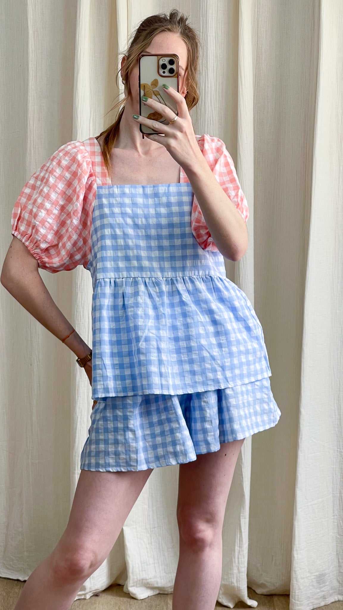 Blouse vichy bicolore bleu et rose manches bouffantes avec short assorti femme style cottage