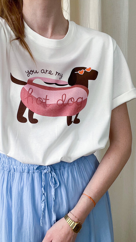 T-shirt blanc femme imprimé teckel hot dog humoristique, coupe droite décontractée, mode casual été