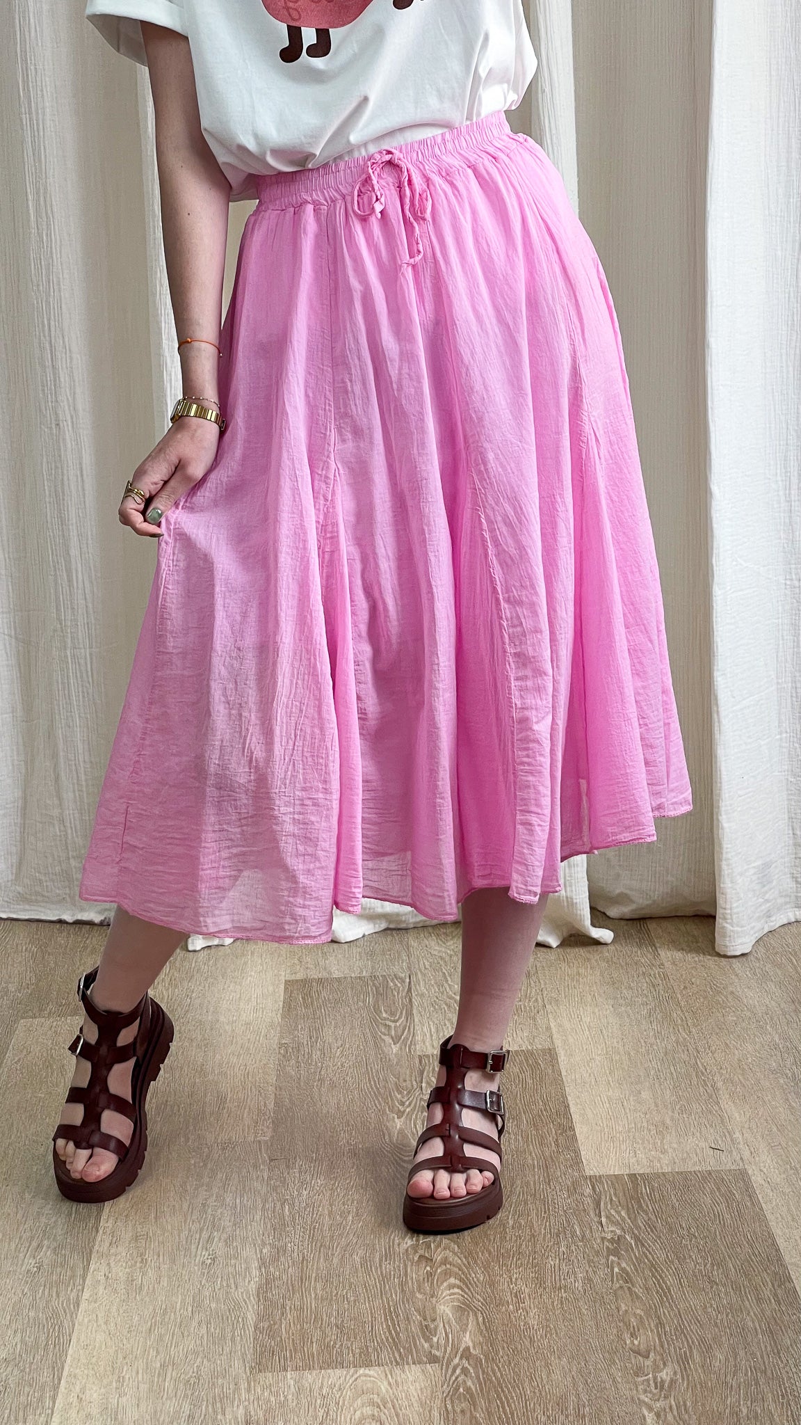 Jupe midi rose Zélie en coton léger taille élastique avec lien à nouer style bohème femme été