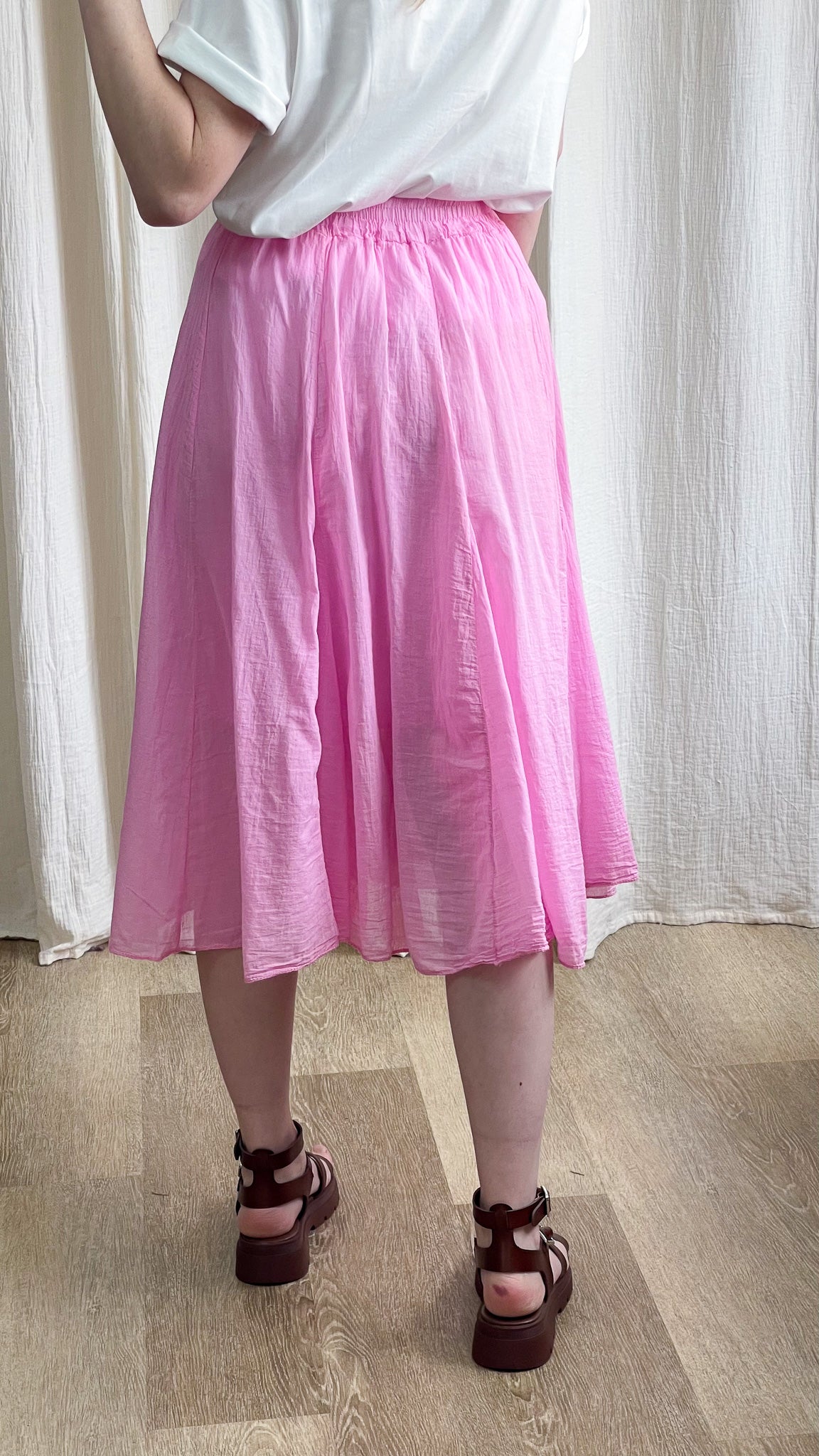 Jupe midi rose fluide Zélie taille élastique coupe évasée légère femme été