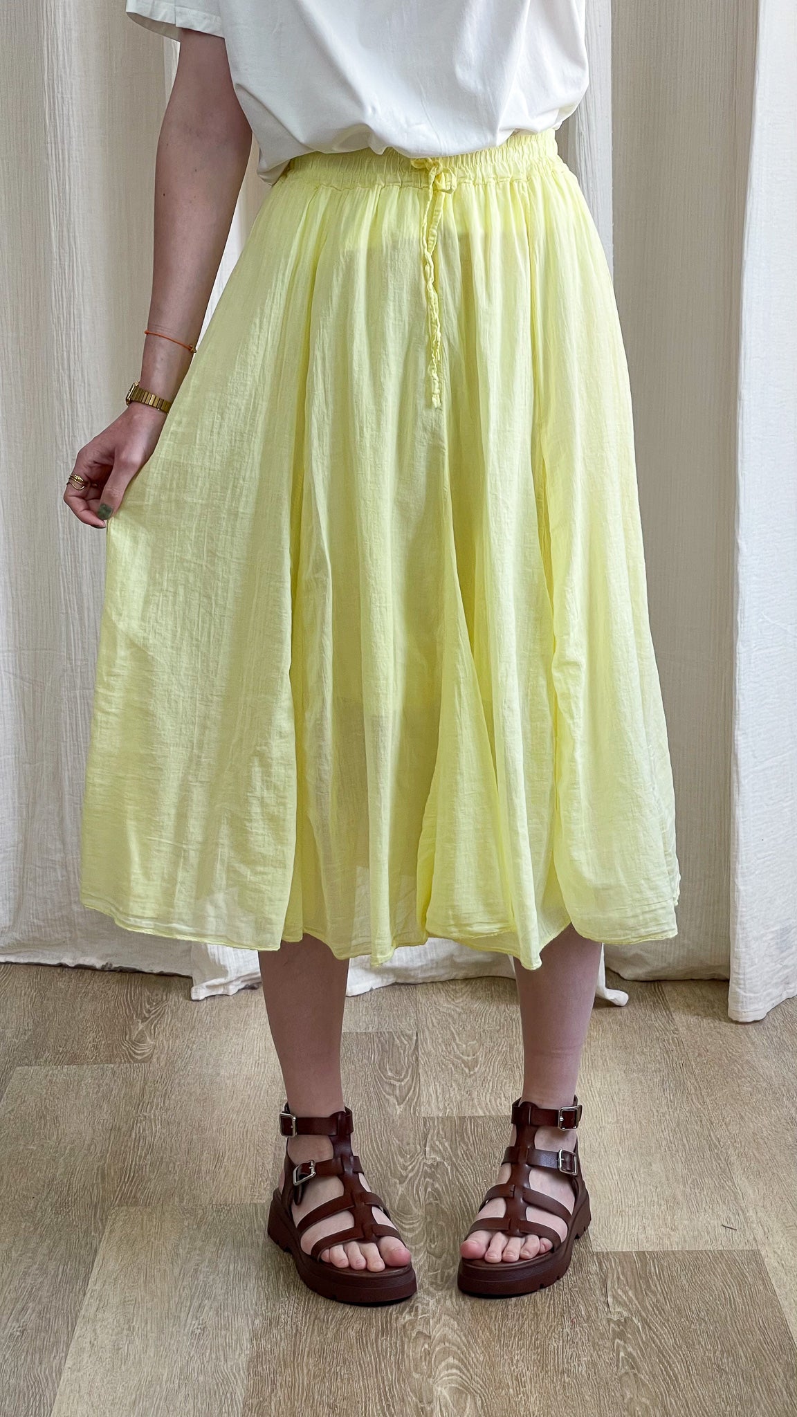 Jupe Zélie midi jaune citron fluide taille élastique femme, jupe longue légère été bohème