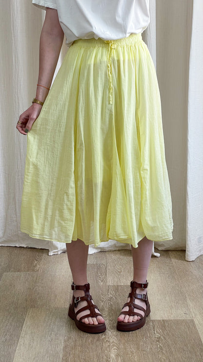 Jupe Zélie midi jaune citron fluide taille élastique femme, jupe longue légère été bohème