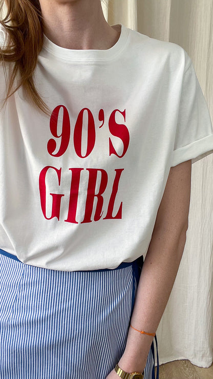 T-shirt blanc oversize 90's girl inscription rouge style vintage femme décontracté tendance années 90