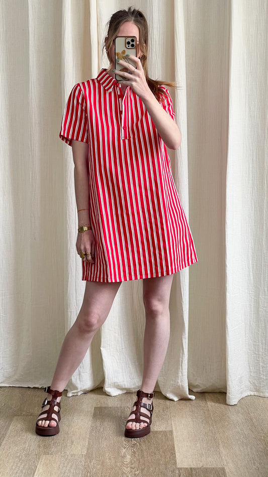 Robe Mia chemise rayée rouge et blanc coupe droite oversize manches courtes été femme