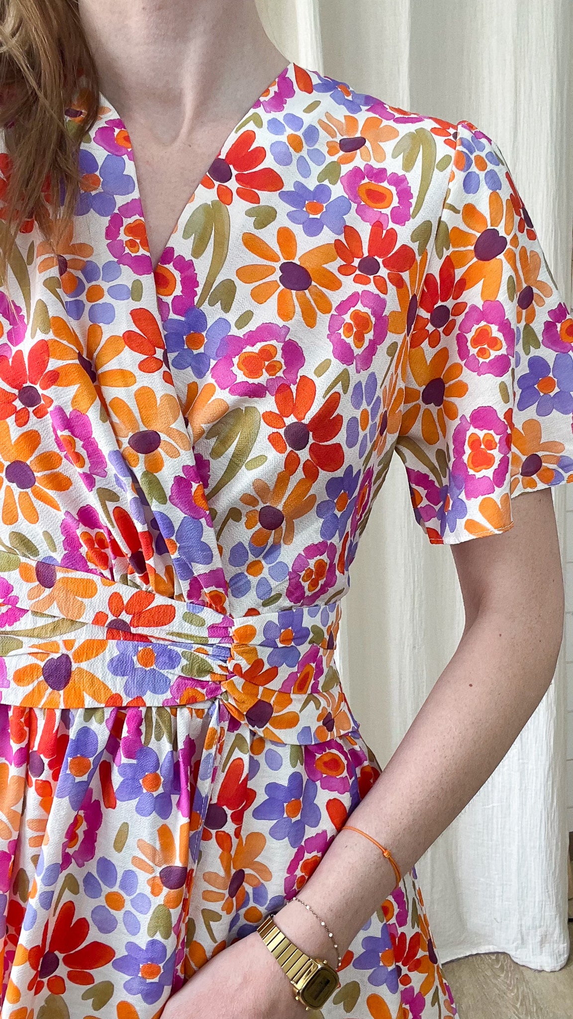 Robe portefeuille fleurie multicolore orange violet rose, robe Mélanie imprimé floral bohème été femme manches courtes