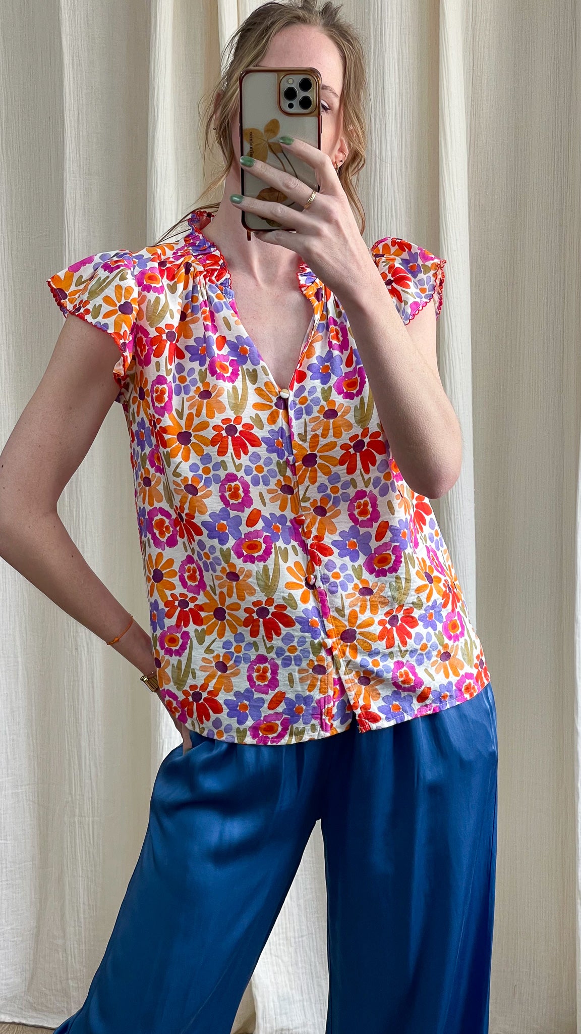 Blouse Mélanie à volants imprimé floral multicolore orange violet rose manches courtes femme style bohème été