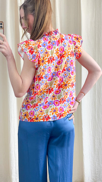 Blouse Mélanie fleurie multicolore manches courtes volantées femme, imprimé floral rose orange violet style bohème été