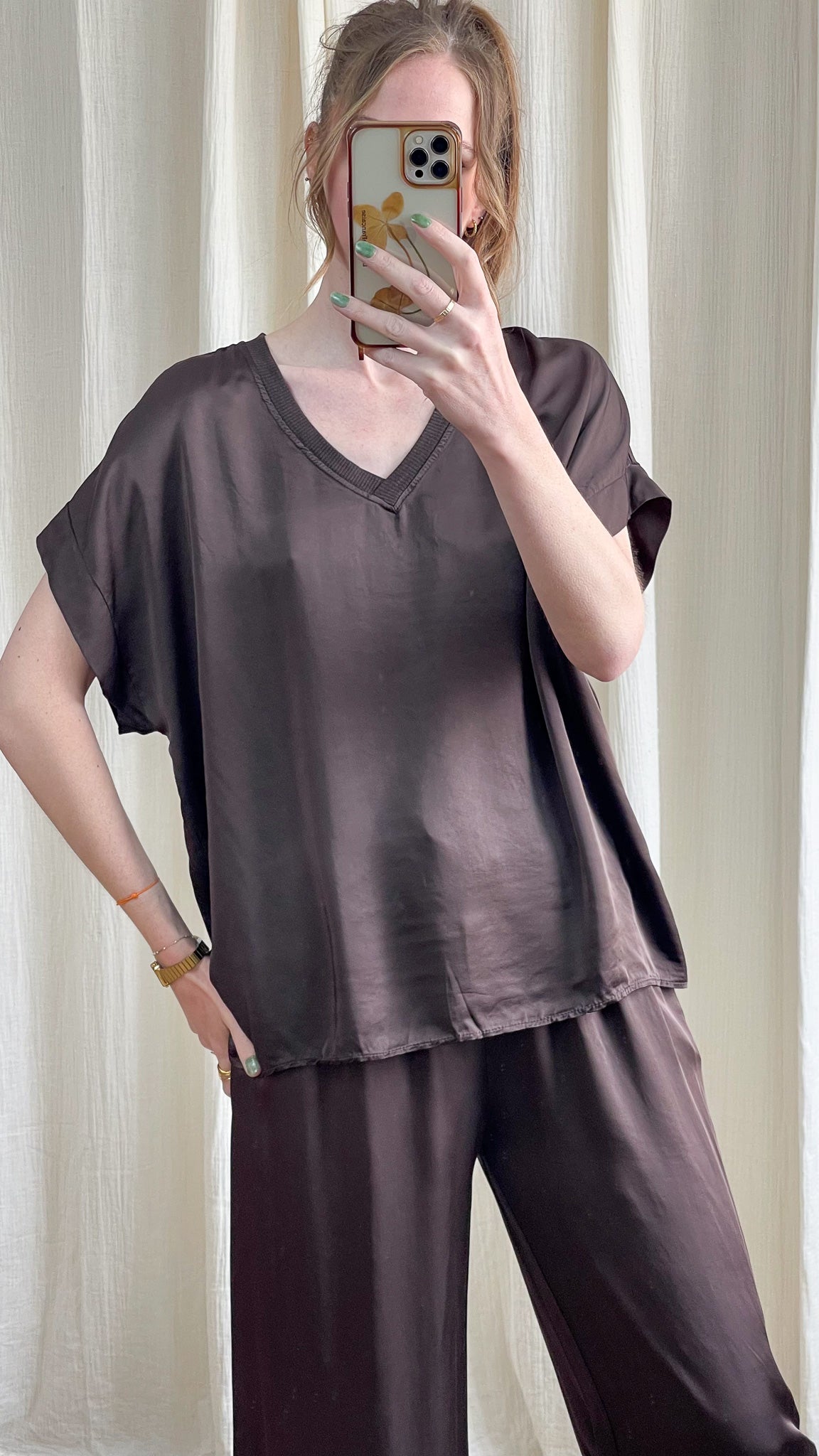 Blouse Samantha noire col V fluide manches courtes femme, ensemble coordonné style loungewear chic