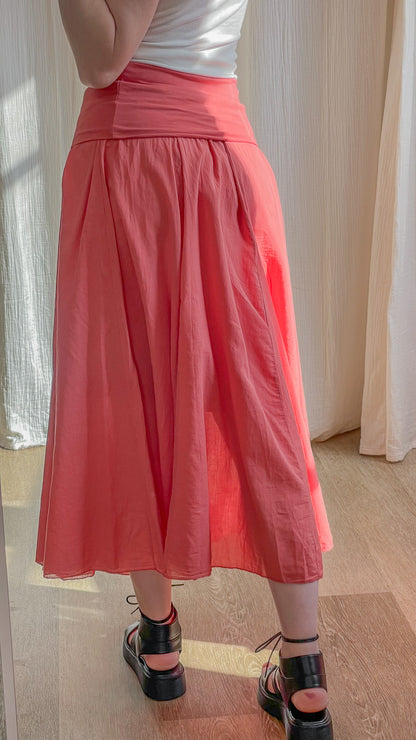 Jupe longue corail fluide taille haute plissée femme style bohème chic été