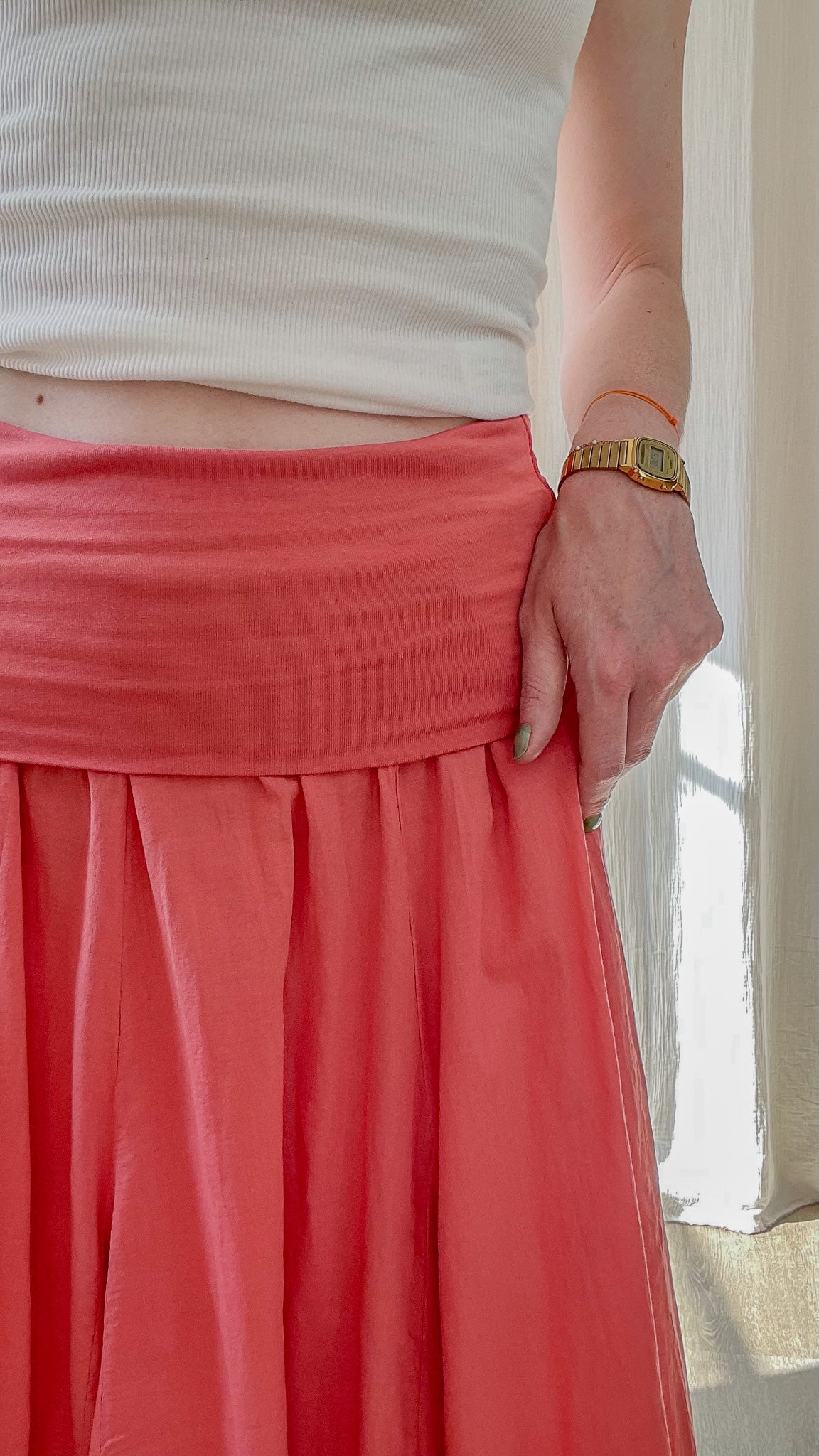 Jupe longue corail fluide taille élastique froncée femme, style bohème décontracté été