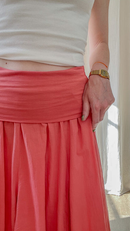 Jupe longue corail fluide taille élastique froncée femme, style bohème décontracté été