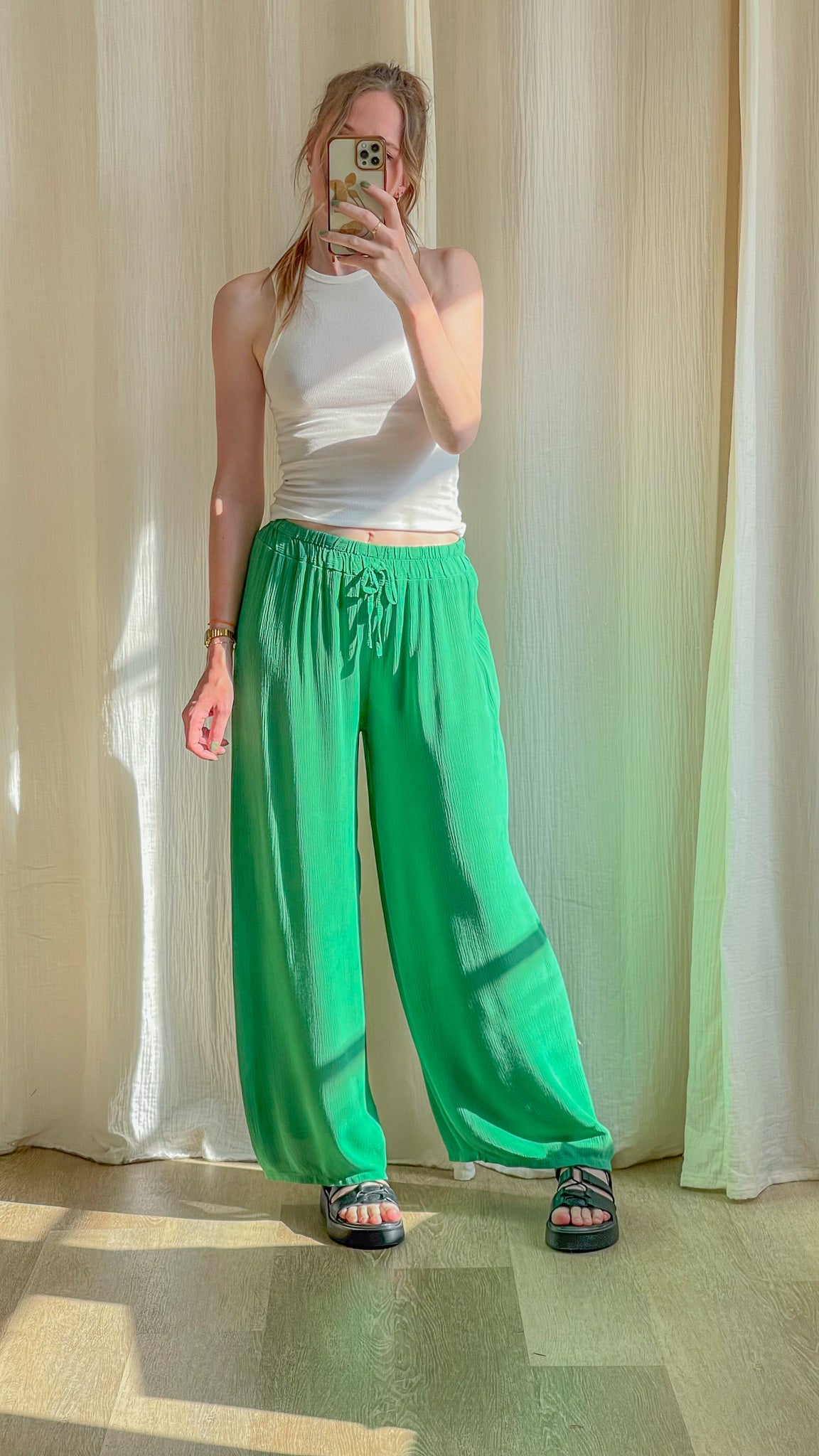 Pantalon large fluide vert émeraude taille élastique avec cordon, viscose légère style décontracté femme été