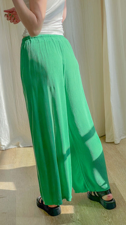 Pantalon large vert fluide en viscose taille élastique femme style bohème décontracté