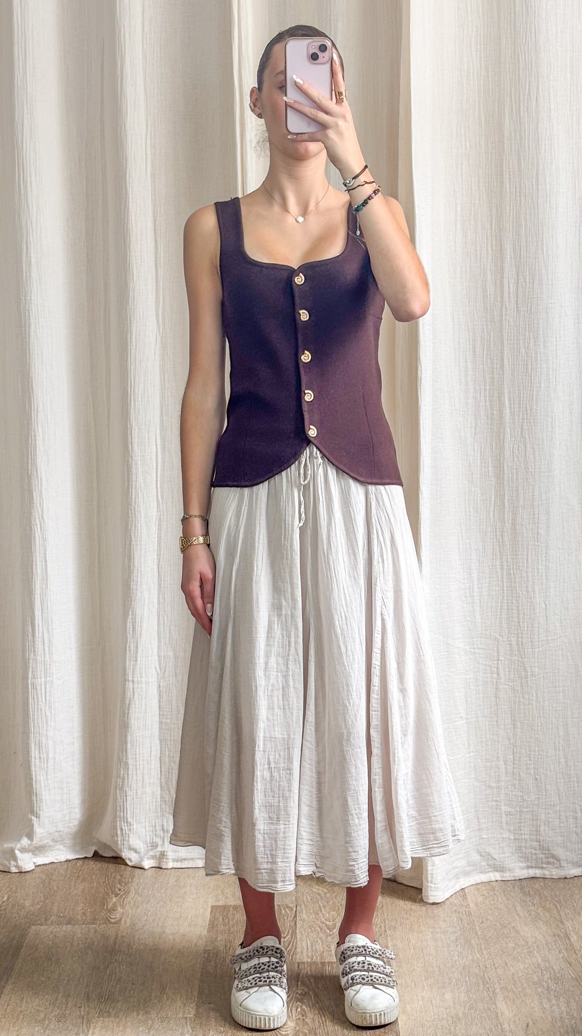 Jupe longue Zélie blanche en gaze de coton avec taille élastique à nouer, style bohème décontracté femme été