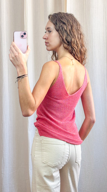 Top débardeur rose à paillettes lurex dos échancré femme maille fine brillante style casual chic