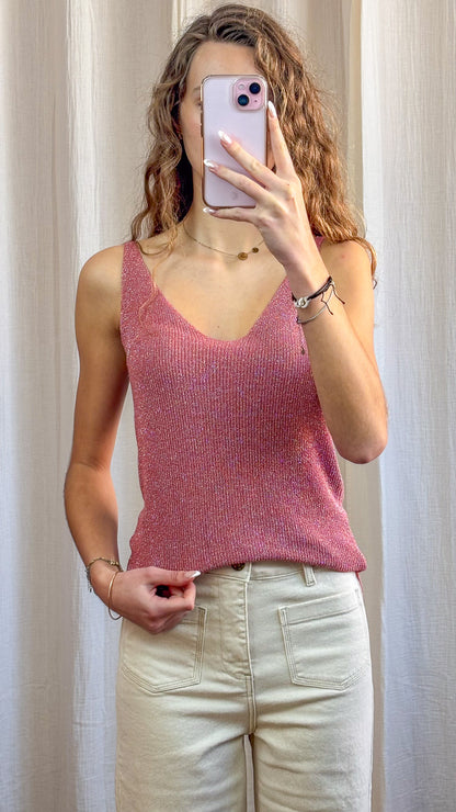 Top débardeur rose à paillettes en maille lurex femme, col V et bretelles larges, style brillant chic été