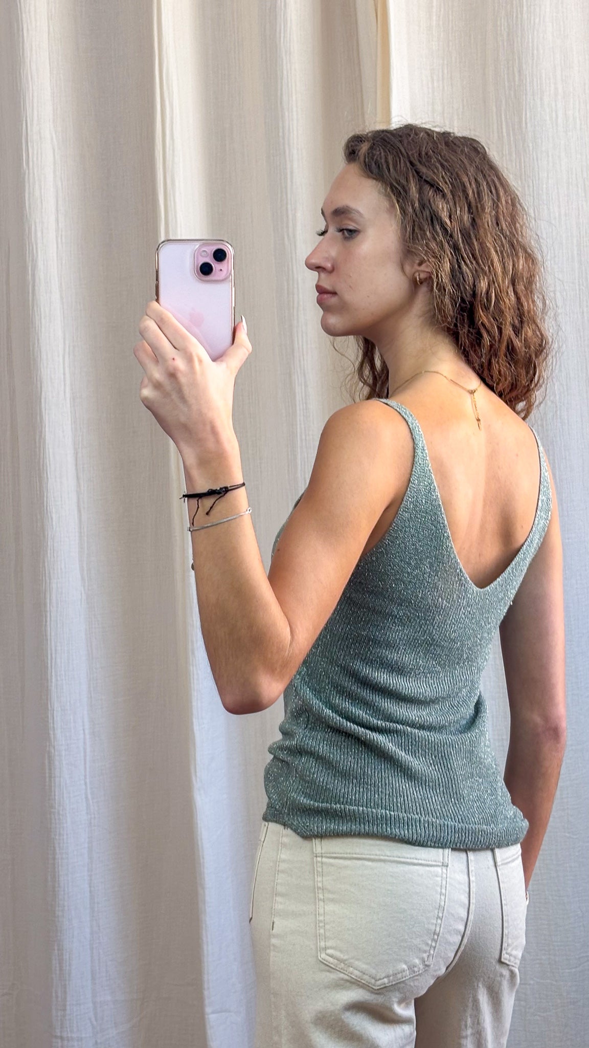 Top débardeur paillettes vert d'eau en maille lurex dos échancré femme, style casual chic été