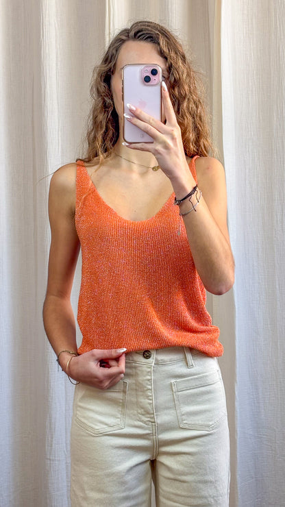 Top débardeur orange à paillettes en maille lurex fine bretelles femme style été chic
