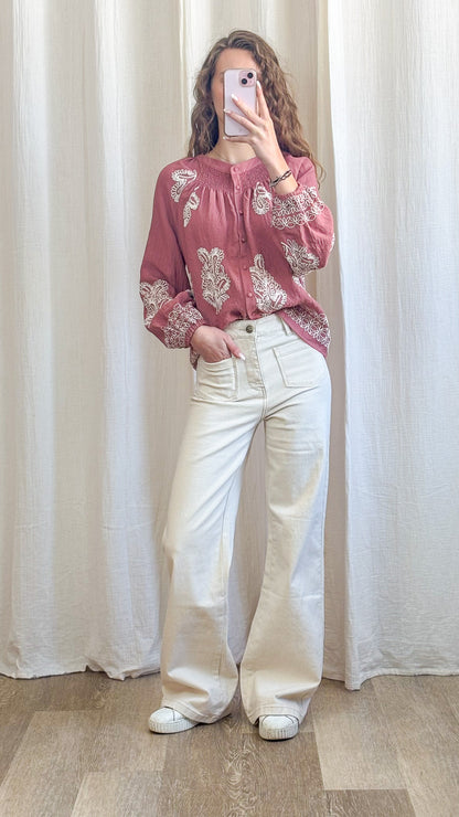 Blouse Clarisse - Blouse brodée femme rose style bohème