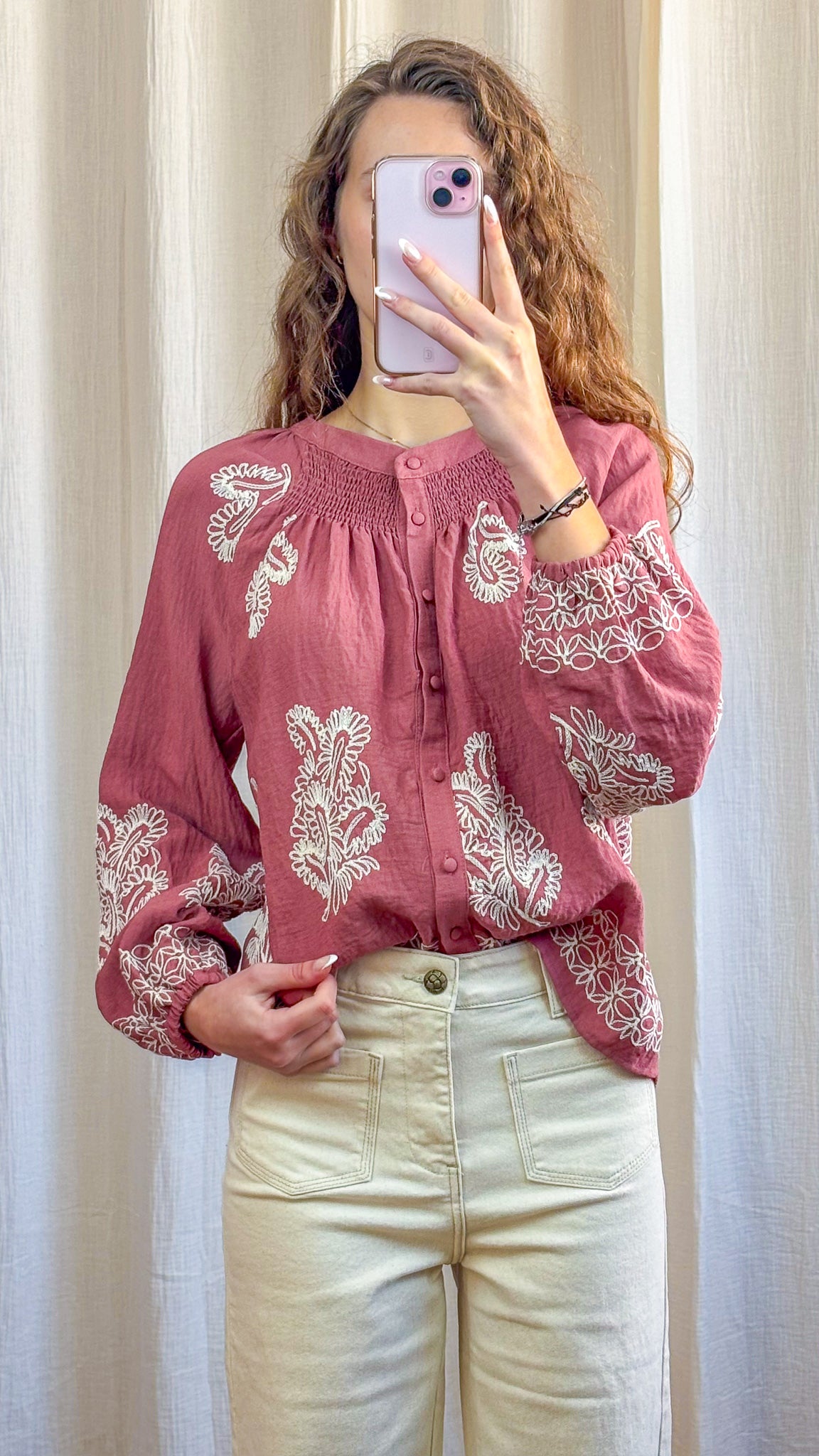Blouse Clarisse - Blouse brodée femme rose style bohème