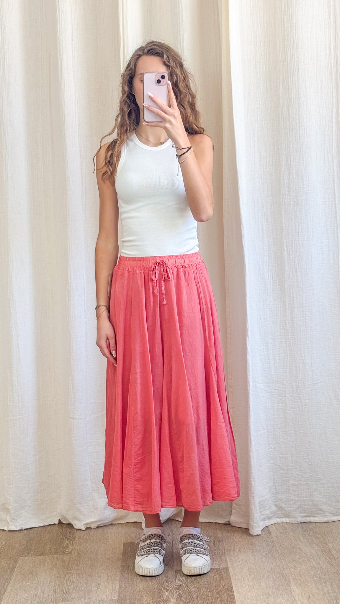 Jupe longue Zélie corail fluide taille élastique avec lien à nouer style bohème femme été