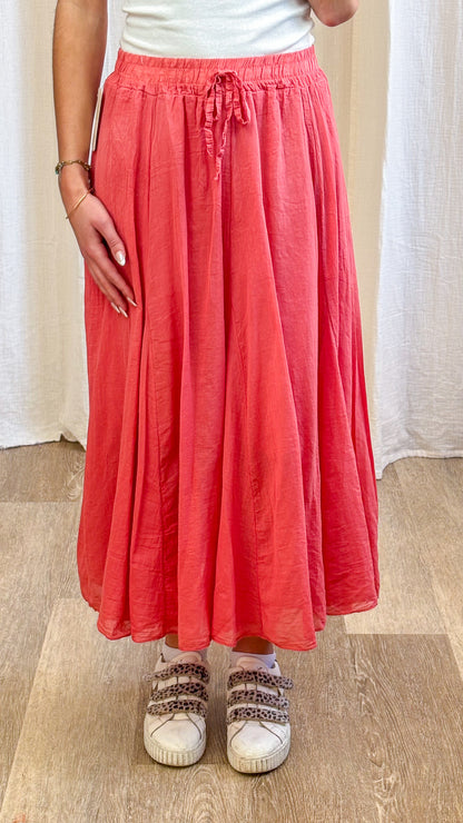 Jupe longue Zélie corail fluide taille élastique à nouer style bohème femme été